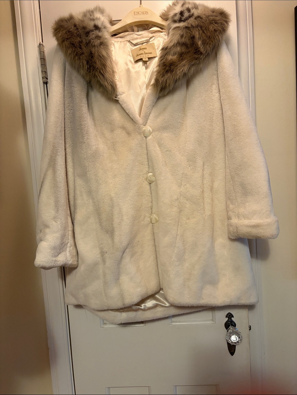dennis basso Cream Teddy Jacket with Brown Fur Collar